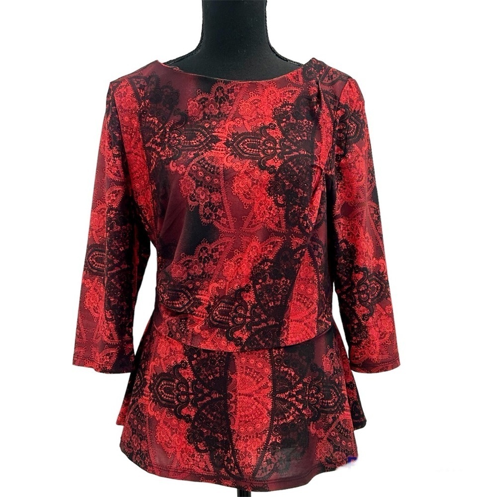 INTERNATIONAL Concepts I.N.C. Red black lace print peplum top blouse Sz L
